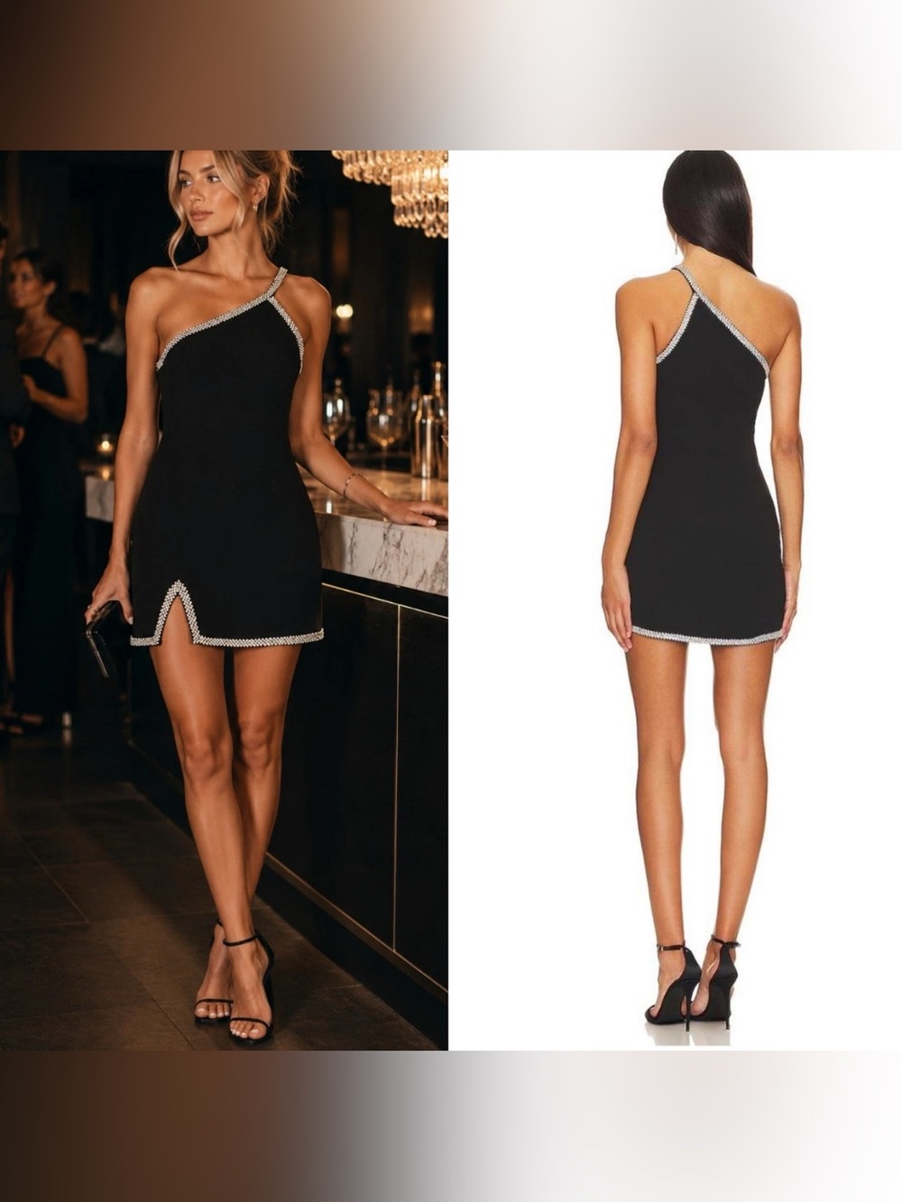 Lovers + Friends Black One-Shoulder Mini Dress with Rhinestone Trim M - Picture 2 of 6